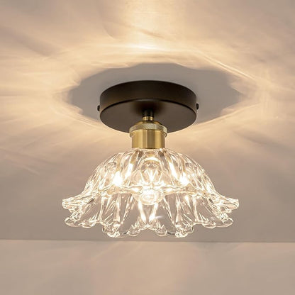 1-Light Vintage Semi Flush Mount Ceiling Light, Black and Gold Glass Shade Close to Ceiling Light Fixture, E26 Base Retro Lighting for Hallway Entryway Kitchen Bedroom