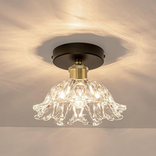 1-Light Vintage Semi Flush Mount Ceiling Light, Black and Gold Glass Shade Close to Ceiling Light Fixture, E26 Base Retro Lighting for Hallway Entryway Kitchen Bedroom