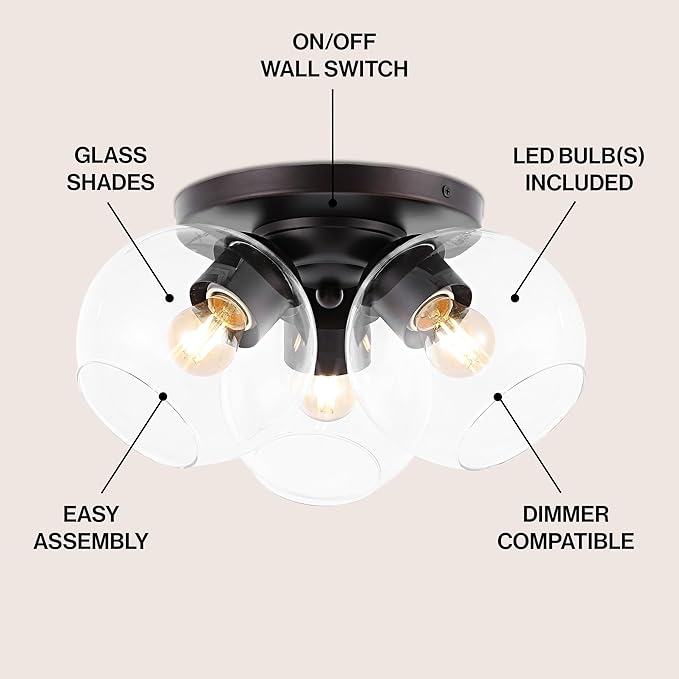 JONATHAN Y 11.5" Oil Rubbed Bronze 3-Light Semi Flush Mount Ceiling Light, Farmhouse Rustic Iron Fixture for Kitchen Bedroom, Clear Glass Shade, LED Bulbs Included JYL7568A