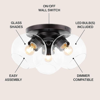 JONATHAN Y 11.5" Oil Rubbed Bronze 3-Light Semi Flush Mount Ceiling Light, Farmhouse Rustic Iron Fixture for Kitchen Bedroom, Clear Glass Shade, LED Bulbs Included JYL7568A