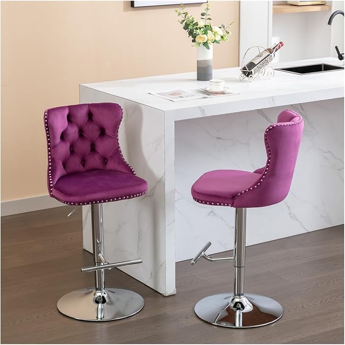 Swivel Velvet Barstools Adjusatble Seat Height from 25-33 Inch, Modern Upholstered Chrome Base Bar Stools with Backs Comfortable Tufted for Home Pub and Kitchen Island（Purple,Set of 2）