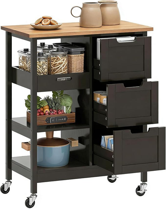 DWVO Solid Wood Top Rolling Kitchen Island Cart, 3 Tier Mobile Kitchen Storage Island Cart with 3 Drawers and 3 Opening Storage Shelves for Kitchen & Dining Area, Black