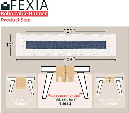 FEXIA Boho Table Runner 108 Inches Long for Home Decor Farmhouse Table Runner Cream & Blue Rustic Macrame with Tassels for Bohemian Dining Bedroom Decor Bridal Shower (12x108 Inches)