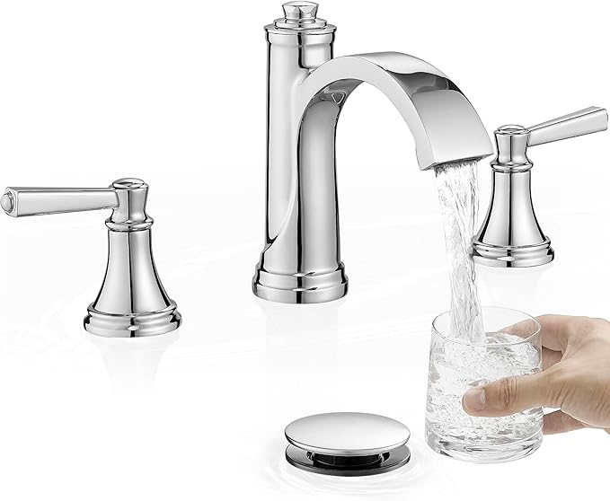 Waterfall Chrome Bathroom Faucet 3 Hole, Brass 4-16 Inch Widespread Bathroom Sink Faucet with Pop Up Drain, cUPC Supply Lines and 2 Handles for Vanity, Restroom, 10 Min Install