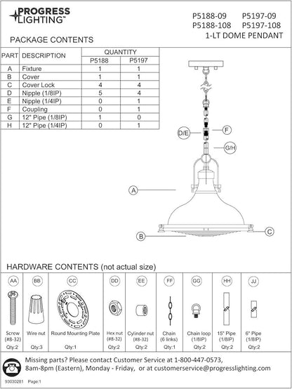 Progress Lighting 1-Light Fresnel Glass Coastal Pendant Light, Fresnel Lens Collection , Indoor, P5188-09, Brushed Nickel