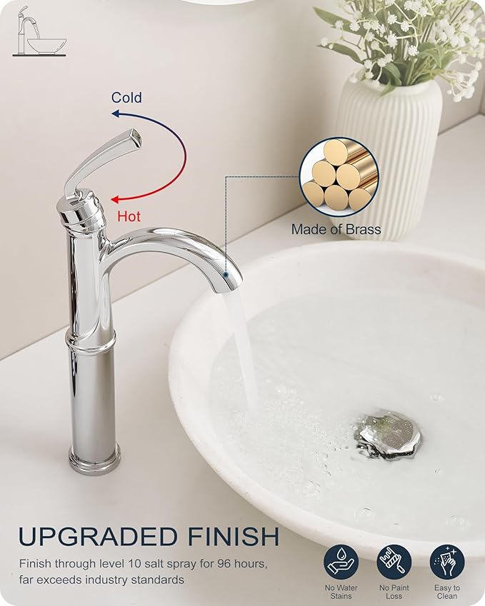 Brass Vessel Faucet 1 Hole, Chrome Tall Bathroom Faucets for Vessel Sinks with 1 Handle, Pop Up Drain, cUPC Water Supply Line & Arched Spout Aerator for Countertop Sink, 5 Mins Quick Install