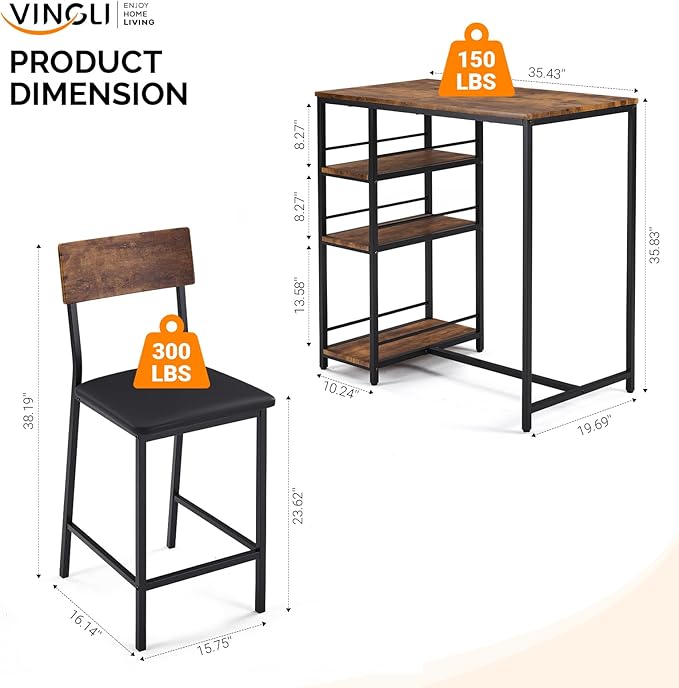 VINGLI Dining Table Set for 2, Kitchen Breakfast Counter Height Small 3 Piece Bar Table and Chairs Set with Storage, Brown