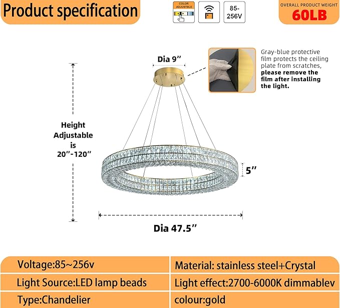47.5 inch Large Ring Chandelier Gold Ring Pendant Light Round Crystal Chandelier for Dining Room Living Room Led Dimmable 2700k-6000k