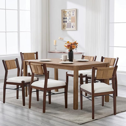 RIVOVA Farmhouse Woven Dining Chairs Set of 6 with Weave Paper Rope Back, White Chenille Upholstered Kitchen & Dining Room Chairs with Walnut Wood Legs, Mid-Century Armless Kitchen Side Chair