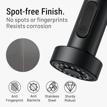 Asinse Kitchen Faucet with Sink Mat, Pull Down Kitchen Faucet with Sprayer, 2 Modes High Arc Stainless Steel Kitchen Sink Faucet, 360° Swivel Modern Tap for RV, Bar, Laundry, Garden, Black