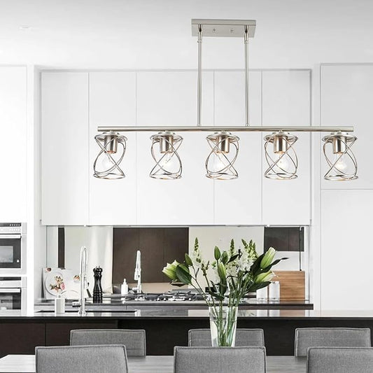 mavcadonf Kitchen Island Light, 5-Light Dining Room Lighting Fixtures Hanging, Farmhouse Linear Pendant Light for Kitchen Island Table Living Room with Adjustable Rods, Brushed Nickel