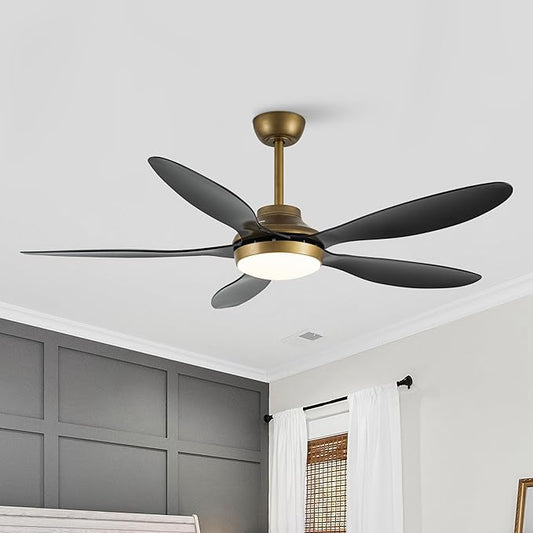 52" Smart Ceiling Fan with Light and Remote, Gold Modern Ceiling Fan with Black ABS Blades, Reversible DC Motor, 6-Speed LED Fan with 3-Color Temperature Lighting, Downrod Mount
