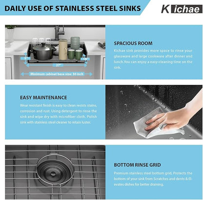 Kichae 27 Inch Black Undermount Kitchen Sink 27” x18” x5” Kitchen Sink Stainless Steel 16 Gauge Shallow Kitchen Sink Round Corner Handmade Basin