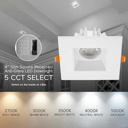 Maxxima 4 in. Ultra-Thin Recessed Anti-Glare LED Downlight, Canless IC Rated, 5 Color Temperature Selectable 2700K/3000K/3500K/4000K/5000K, Dimmable Square White Trim, 90 CRI