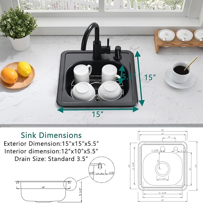 15 Inch Black Drop In Bar Sink-Bokaiya 15x15 Small Wet Bar Prep Sink Outdoor Rv 18 Gauge Stainless Steel Single Bowl Kitchen Sinks with Dish Grid