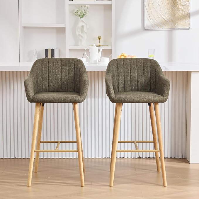 Modern Stools Set of 2, Kitchen Island Tall Chairs with Back, Arm, Footrest and Solid Wood Leg, Linen Fabric Upholstered Stools - Green