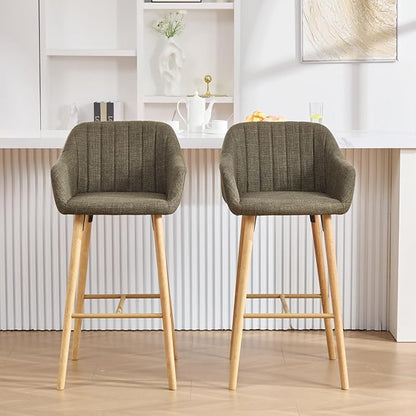 Modern Stools Set of 2, Kitchen Island Tall Chairs with Back, Arm, Footrest and Solid Wood Leg, Linen Fabric Upholstered Stools - Green