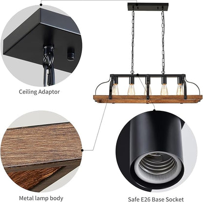 WUZUPS 5-Light Metal Chandelier Imitation Wood Grain Linear Pendant Ceiling Lighting Rustic Farmhouse Fixture Kitchen Island Dining Room, H 8.5" L 31.5" W10, E26 Base, Black & Retro Wood