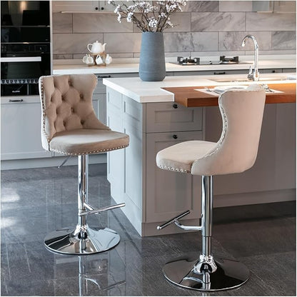 Swivel Velvet Barstools Adjusatble Seat Height from 25-33 Inch, Modern Upholstered Chrome Base Bar Stools with Backs Comfortable Tufted for Home Pub and Kitchen Island（Khaki,Set of 2）,for Living Room
