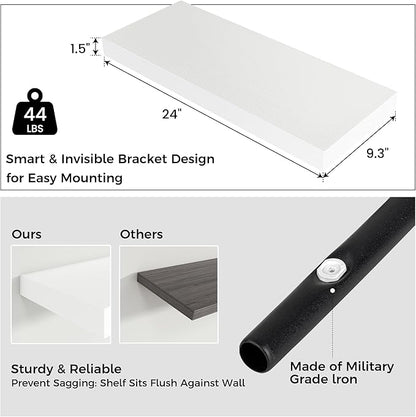 Venusmiles Floating Shelves for Wall, Engineered Wood Wall Shelves with Invisible Brackets for Living Room Bedroom Bathroom Office Kitchen Decor and Storage (White, 24" W x 9" D x 1.5" H) Set of 2