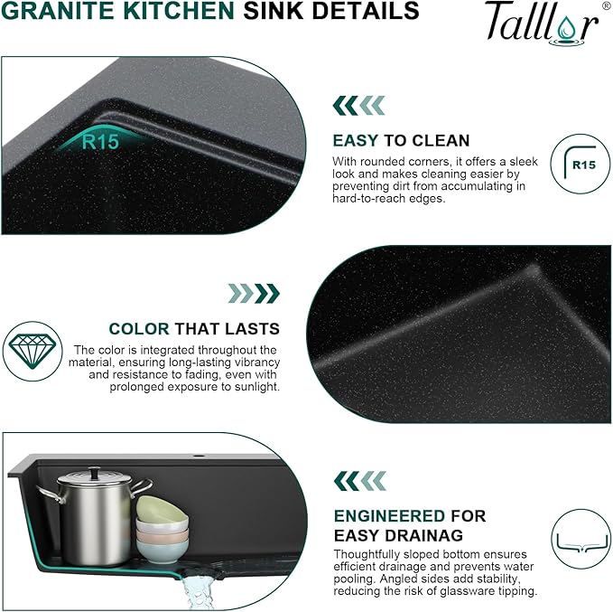 30 Inch Black Granite Composite Drop In Kitchen Sink, Single Bowl Classic Quartz-Based Workstation All-In One Sink with Mixing Bowl and Pasta Strainer, 2-Holes Configuration #TLGT-121