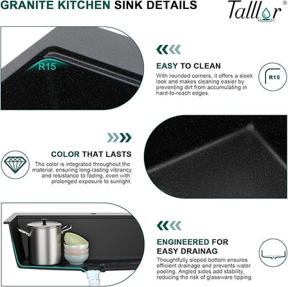 30 Inch Black Granite Composite Drop In Kitchen Sink, Single Bowl Classic Quartz-Based Workstation All-In One Sink with Mixing Bowl and Pasta Strainer, 2-Holes Configuration #TLGT-121