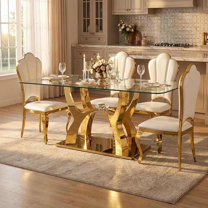 Large Glass Dining Table for 6-8,Gold Kitchen Table with Stainless Steel Base,68.9''Rectangle Dinner Table Glass Top,Modern Tables for Dining Room and Kitchen,Office,Sturdy Made(Table Only)