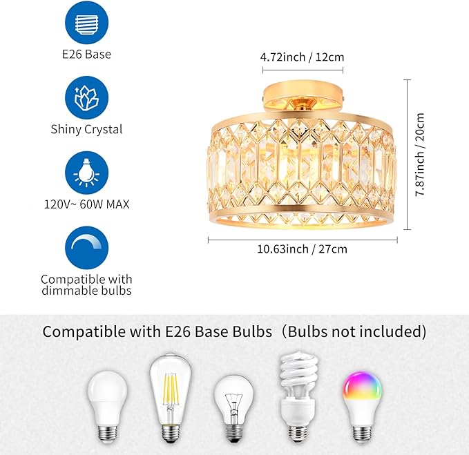 ANWIO Crystal Gold Ceiling Light Fixture, Modern Semi Flush Mount Ceiling Light, Crystal Chandelier for Kitchen Bedroom Bathroom Entryway, 10.63inch