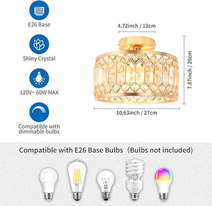 ANWIO Crystal Gold Ceiling Light Fixture, Modern Semi Flush Mount Ceiling Light, Crystal Chandelier for Kitchen Bedroom Bathroom Entryway, 10.63inch