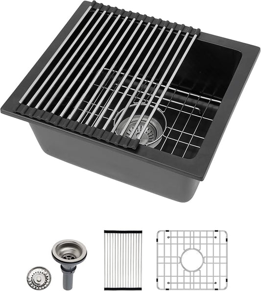 Dcolora Undermount Quartz Composite Prep Sink, 18"x16" Single Bowl Wet Bar Sink, Matte Black Small Kitchen Sink for Island & Bar, Farmhouse Design, #DC-GU7746