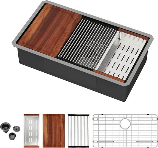 33 Undermount Black Kitchen Sink Workstation 16 Gauge Stainless Steel 9 In Deep Kitchen Sinks with Practical Accessories