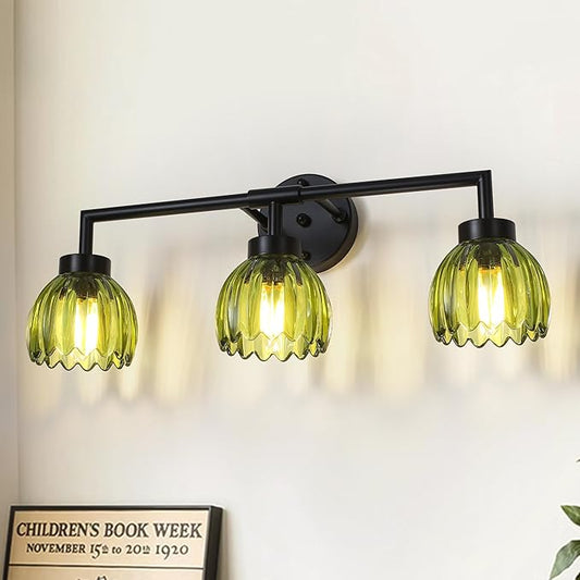 Generies Green Glass Vanity Light, Vintage 3-Light Bathroom Vanity Light Fixture Over Mirror, Art Deco Wall Sconce Lighting for Bathroom, Bedroom, Hallway, Matte Black
