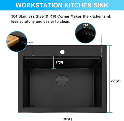 28 Inch Black Drop In Kitchen Sink, 16 Gauge Stainless Steel Single Bowl Topmount Kitchen Sink With All Accessories, 28"x22"x9" Workstation Sink