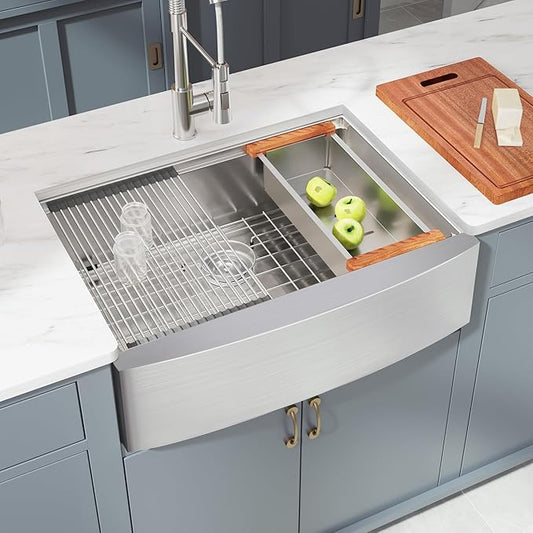 30x22 Inch Farmhouse Kitchen Sink – Workstation Apron Front, ALWEN Single Bowl Sink, 16 Gauge Scratch-Resistant Stainless Steel, R10 Radius, Ledge & Accessories Included