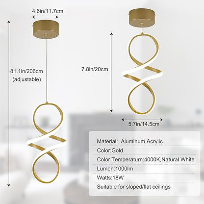 MAYNA Spiral Kitchen Pendant Lighting, 4000K Modern LED Pendant Light Fixture, 18W Adjustable Height Island Light Fixture for Kitchen Bedroom Kitchen Island Cafe, 1 Pack (Gold)