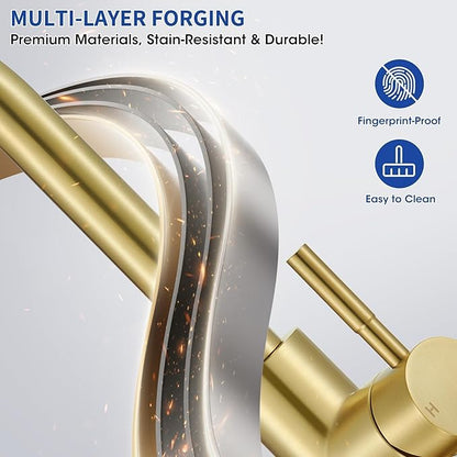 Brushed Gold Kitchen Faucets with Pull Down Sprayer, High Arc Single Handle Stainless Steel 1 or 3 Hole Utility Modern Faucet for Kitchen Sink, Suitable for Bar Laundry RV Farmhouse Camper