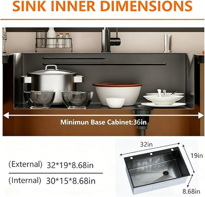 32 Inch Black Drop-In Stainless Steel Kitchen Sink: Single Bowl Deep Scratch Resistant 16 Gauge Workstation with Faucet & Accessories Combo for Family Kitchen