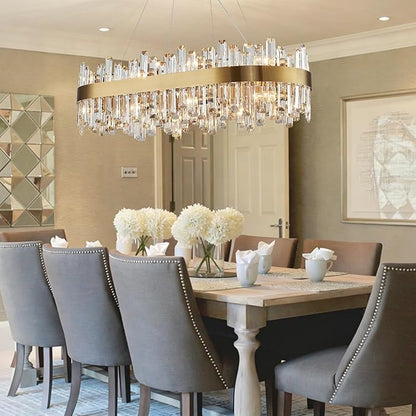 Siljoy Modern Crystal Chandelier 16-Light Luxury Gold Rectangle K9 Crystal Raindrop Chandelier Dimmable Oval Crystal Ceiling Light for Dining Room Living Room Foyer Entryway L35.4''