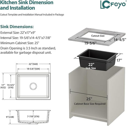 Black Undermount Kitchen Sink 22"x17" Granite Composite Bar Sink Black Small Granite Sink Undermount Quartz Modern Under Counter Ledge Single Bowl Kitchen Sinks Basin Deep Sink,LOF-Q456V