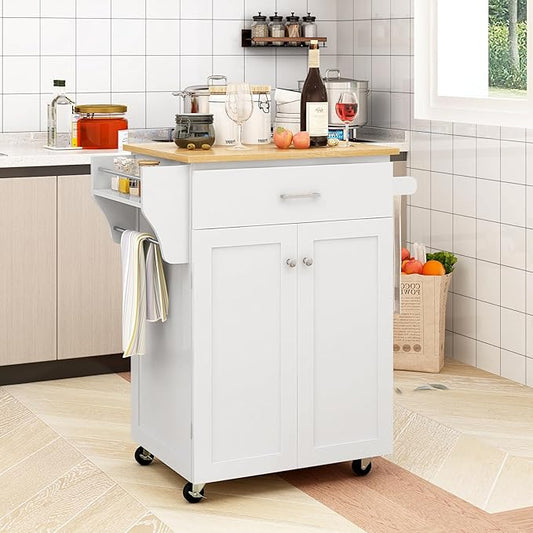 Giantex Kitchen Island with Storage, Rolling Island Table with Cabinet, Adjustable Shelf, Drawer, Towel Rack & Spice Rack, Small Bar Kitchen Cart On Wheels for Living Dining Room, White