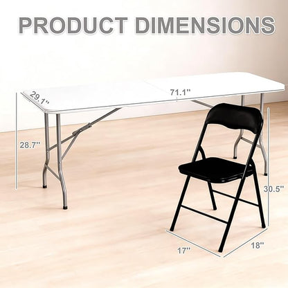 Elevon Folding Table Set with 6 Black Folding Chairs,6 Feet Heavy Duty Fold-in-Half Utility Table Sets for Picnic, Event, Training, Outdoor Activities, at Home and Commercial Use