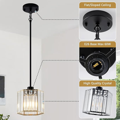 XSDeTu Black Pendant Lights Kitchen Island 2 Pack, Modern Crystal Chandeliers, Mini Hexagonal Pendant Light Fixture, Adjustable Hanging Ceiling Light for Kitchen Island Dinning Room Sink Bedroom