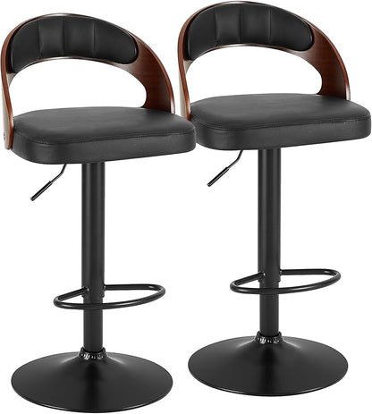 VECELO Bar Stools Set of 2,Counter Height Stools with Bentwood Back&Arm, Swivel Barstools,PU Leather Kitchen Island Stools, Adjustable Height Bar Chairs for Club Pub Dining Room,Black