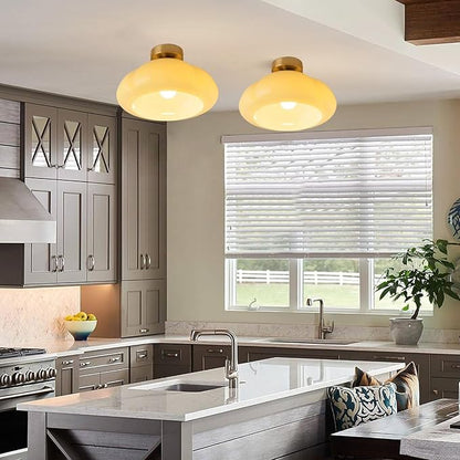 Bofea-Modern Gold Semi Flush Mount Ceiling Light Schoolhouse Ceiling Light Fixture Gold Overhead Lights Fixture with Cream Glass Shade Brass Semi Flush Lamp for Bedroom Hallway Kitchen