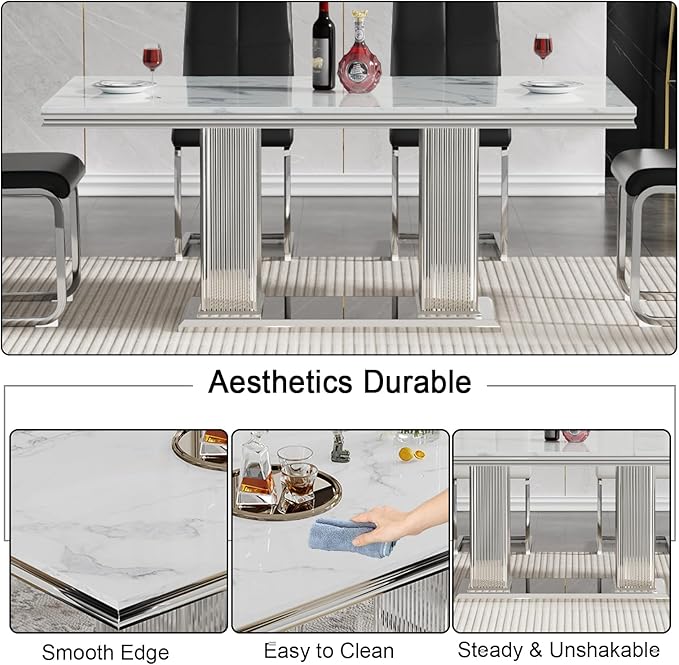 Henf Modern Dining Table for 6-8, 68 Inch White Marble Kitchen Table with Silver Stainless Steel Double Pillar Base, Luxurious Rectangular Faux Marble Dining Room Table for Dining Room,Living Room
