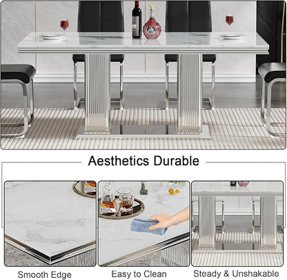 Henf Modern Dining Table for 6-8, 68 Inch White Marble Kitchen Table with Silver Stainless Steel Double Pillar Base, Luxurious Rectangular Faux Marble Dining Room Table for Dining Room,Living Room