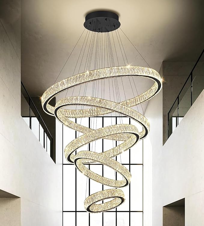 Modern 5 Ring Chandeliers for High Ceiling Foyer,Luxury Dimmable Crystal Ceiling Light Fixtures Staircase Entrance Villa Large Black Chandelier D8''+15.7"+23.6"+31.5"+39.4"
