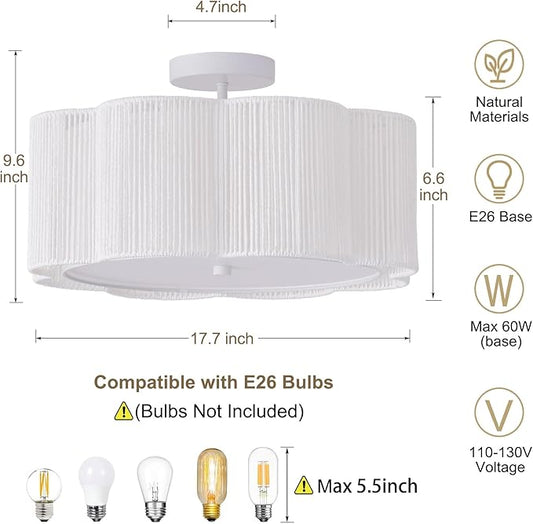 17.7" Rattan Flush Mount Ceiling Light, 3-Light Boho Close to Ceiling Light Fixtures, Rattan Bedroom Ceiling Light, Farmhouse Large Drum Chandelier for Dining Room, Kitchen, Hallway(White)