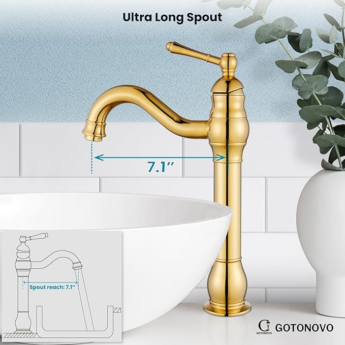 gotonovo Vessel Sink Faucet 360° Swivel Spout Single Handle Tall Bathroom Faucet 1 Hole Farmhouse Lavatory Washbasin Mixer Tap Matching Supply Hoses, with Pop Up Drain, Polish Gold