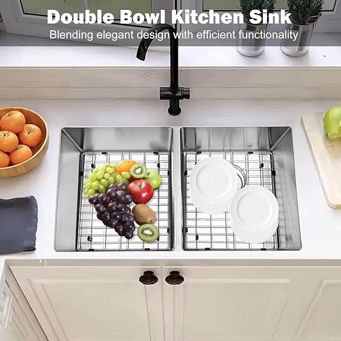 SANYCASA 33 Inch Double Bowl Kitchen Sinks with Quick Drain Slope - 11 Gauge (3mm) 304 Stainless Steel Undermount Kitchen Sink with Accessories
